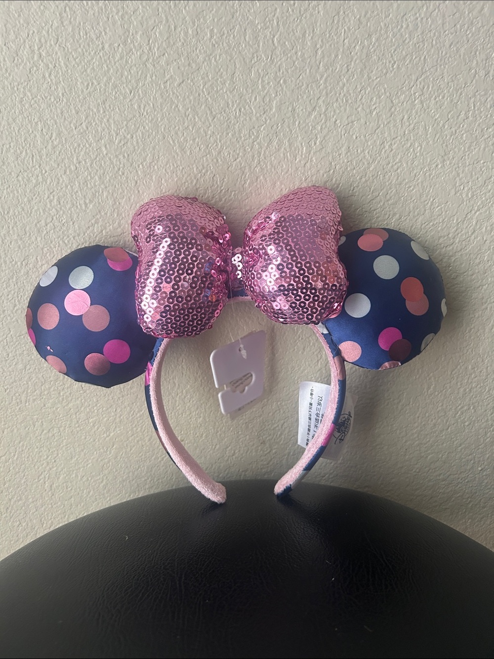 Disney Navy Polka Dot Minnie Ears with Pink Sequin Bow